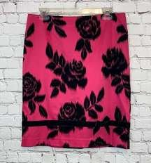 Trina Turk Hot Pink Pencil Skirt with Black Floral Details