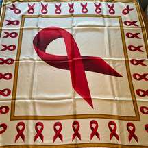 Oscar De La Renta Vintage Silk Scarf Square AIDS Awareness Red Ribbon RARE