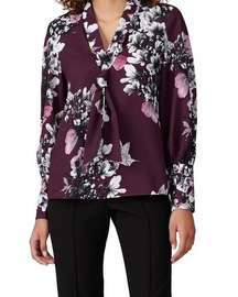 Natori Purple Floral Neck Tie Button Down Blouse