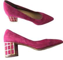 Pink Block Lattice Gold Suede Pumps Size 6 Barbiecore