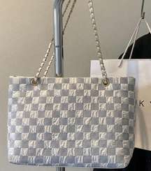 Large Grey and White Checkered Tote Bag