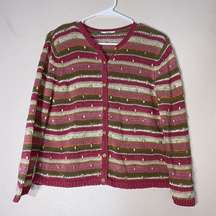 TALBOTS PINK STRIPED CARDIGAN WOOD BEADED Knit Boho Coastal Grandma Small Button