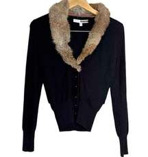 Tracy Reese Rabbit Fur Collar Black Ribbed Sleeves Cardigan Size Small