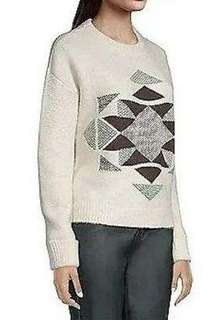 A.N.A Crewneck Pullover Quilt Tribal Pattern Sweater Long Sleeve Cream Size M