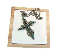 Signed Roma Cross Pendant Necklace Petit Point Faux Turquoise Christian Vintage