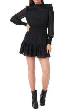 1.State Long Sleeve Smocked Waist Ruffle Hem Dress Black Size M P0408