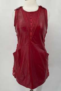 Vintage Lamb Leather Mini Dress Sleeveless Sheer Split Back Panels Red Womens 6