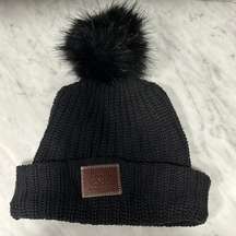 Love Your Melon! Leather Embossed Black Knit Beanie with Faux Fur Pom-Pom!