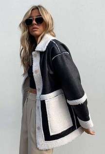 Lexie Black & White Faux Leather Shearling Oversized Jacket L/XL