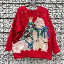 90s ugly Christmas sweater tree snowflakes chenille polar bear teddy bear yak?