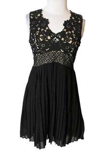 Heartloom lace bodice pleat skirt mini dress black tan sz XS