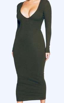 NWT Naked Wardrobe Snatched V-Neck Long Sleeve Midi Dress in Olive Green