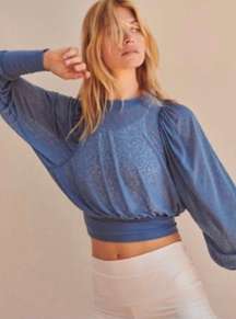 Hitting It Off Puff Long Sleeve Sheer Top in Blue Moon XS