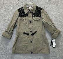 Shelby Collection Jacket Womens Small Green Military Lace Trim Utility Full Zip