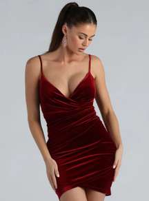 - One More Night Red Velvet Surplice Mini Dress