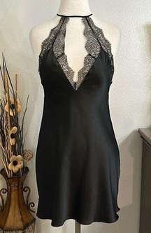 Victoria’s Secret Black Satin And Lace Deep V Back Slip Size Small