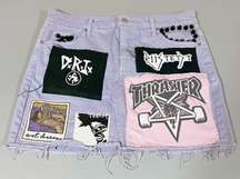 Pastel ‘D.R.I’ ‘The Cramps’ Punk Band Patches Denim Jean Mini Skirt Size 12 ⛓️🔪