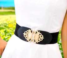 Golden Double Buckle Black Waspie Belt Stretchy Elastic Accentuating Waistband