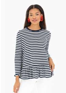 Pomander Place • Tuckernuck Perrie Top navy striped swing ruffle peplum tee