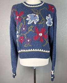 Vintage Liz Wear Womens Cropped Sweater M Medium Blue Floral Hand Knitted