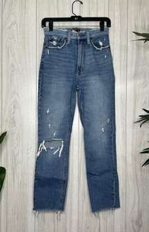 Abercrombie & Fitch High Rise Mom Jeans Distressed Ripped Knee Frayed Ankle 25/0