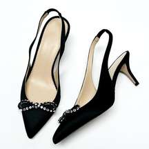 J. Crew Colette Slingback Pumps with Bow Black Satin Shoe Heel Size 6