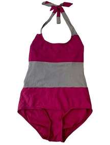 DKNY Striped Color Block Pink Gray Halter Tie Top One Piece Swim Bathing Suit 8