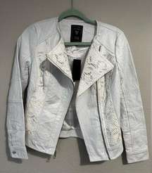 Lace and white leather jacket