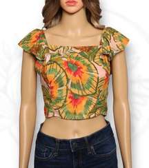 Cynthia Rowley Linen Blend Tropical Print Crop Top Ruffle Sleeve Multicolor Sz M