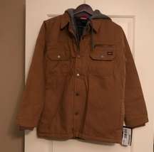 NWT  Shacket Canvas Zip Up Snap Jacket Shirt Workwear Camel Brown Tan Hooded Hoodie