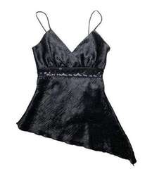 y2k black crinkle textured satin sequin v neck asymmetrical tank top blouse by l