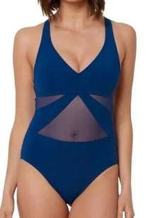 Bleu Rod Beattie Women's Blue Sheer Mesh Panel Strappy Back One Piece Swimsuit