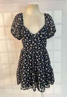 Trixxi Francesca's Willa Floral Puff Sleeve Mini Dress Navy Blue Large NWT