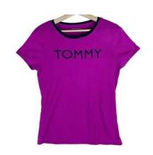 Tommy Hilfiger T-Shirt Womens Size L Purple Brand Print Logo Round Neck Knit