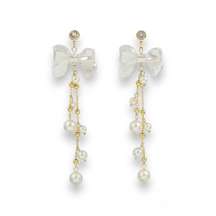 Elegant Bow White Pearl Dangle Drop Earrings for Women