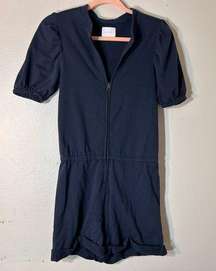 We Are Sundays Navy Blue Romper Jumpsuit- Size 0 Puffed Sleeve Zip Up V Neck