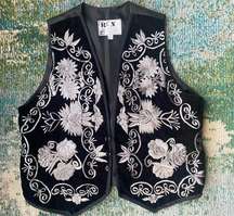 Vintage handmade black velvet embroidered floral vest, size medium