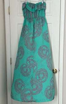 Women's Strapless Green Floral Maxi Dress Ruffled Detail Size Large Black Bead