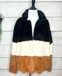 Near & Dear Faux Fur Colorblock Teddy Coat Jacket Size XL Black Brown Cream