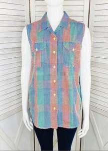 Bill Blass Check Color Block Sleeveless Button Front Shirt Multicolor Small