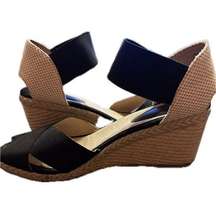 Andre Assous Black Canvas Erika Criss-Cross Espadrille Wedge Sandal Sz 11