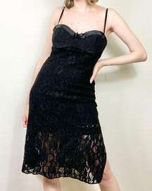 y2k Black Floral Sheer Lace Bustier Chemise Dress Size L