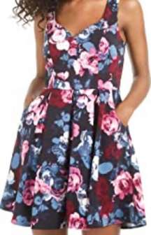 Navy Blue Pink Floral Swing Mini Dress