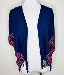 Belle Du Jour Kimono Cardigan XS Navy Blue Embroidered Dolman Open Front Fringe