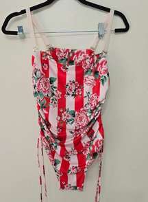 We Are HaH One Piece Swimsuit Red Floral Blood Orange Stripe Ruched Women Size M