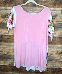 Wing USA 1X Pale Pink Floral Tunic Lightweight Slit Knotted Floral Short Sleeve