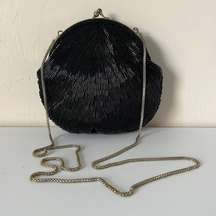 Vintage La Regale Black Beaded Kiss Lock Purse Clutch / Shoulder Bag