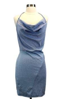 NEW Naked Wardrobe Womens XL Blue Shimmer Glow For It Cowl Drape Halter Top