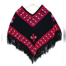 Hand Embroidered floral Black and Pink Poncho One Size New with tags