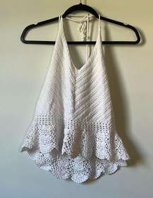 American Eagle White Crochet Scalloped Halter Cropped V-Neck Blouse size Large